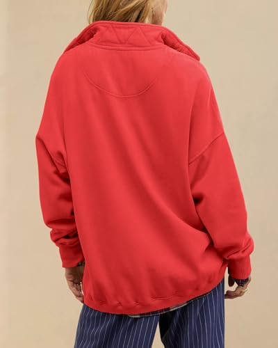 Oversized Henley Neck Sweatshirt - Women's Button Front Casual Pullover Tops - Picture 26 of 88