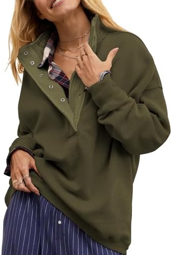 Oversized Henley Neck Sweatshirt - Women's Button Front Casual Pullover Tops - Picture 30 of 88