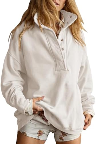 Oversized Henley Neck Sweatshirt - Women's Button Front Casual Pullover Tops - Picture 35 of 88