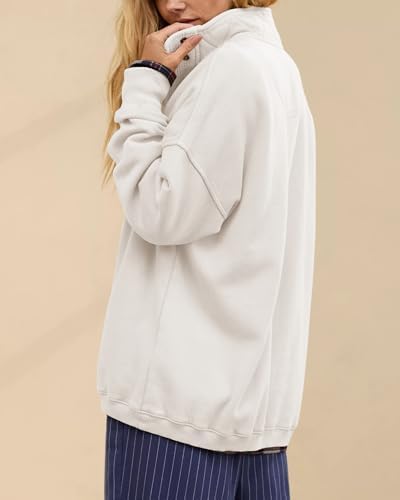Oversized Henley Neck Sweatshirt - Women's Button Front Casual Pullover Tops - Picture 37 of 88