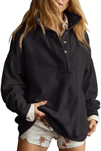 Oversized Henley Neck Sweatshirt - Women's Button Front Casual Pullover Tops - Picture 41 of 88