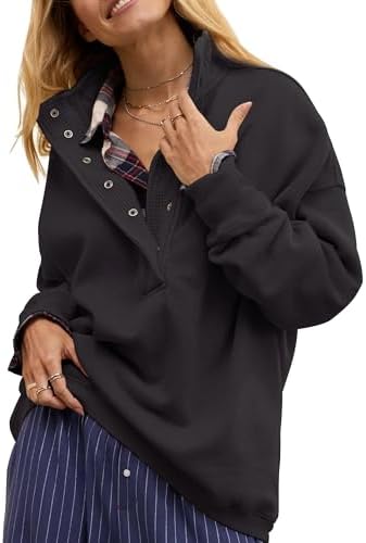 Oversized Henley Neck Sweatshirt - Women's Button Front Casual Pullover Tops - Picture 42 of 88