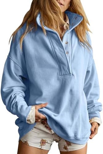 Oversized Henley Neck Sweatshirt - Women's Button Front Casual Pullover Tops - Picture 47 of 88