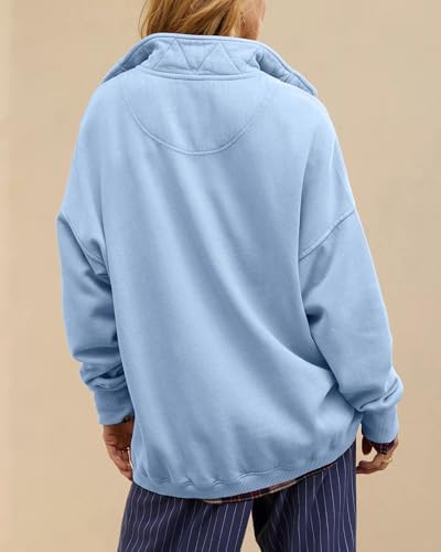 Oversized Henley Neck Sweatshirt - Women's Button Front Casual Pullover Tops - Picture 50 of 88
