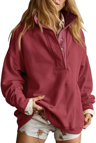 Oversized Henley Neck Sweatshirt - Women's Button Front Casual Pullover Tops - Picture 53 of 88