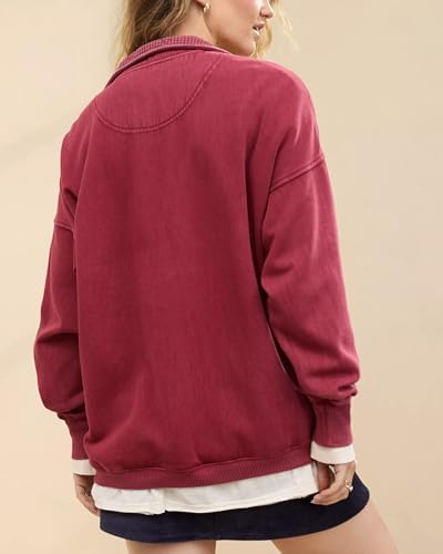 Oversized Henley Neck Sweatshirt - Women's Button Front Casual Pullover Tops - Picture 54 of 88