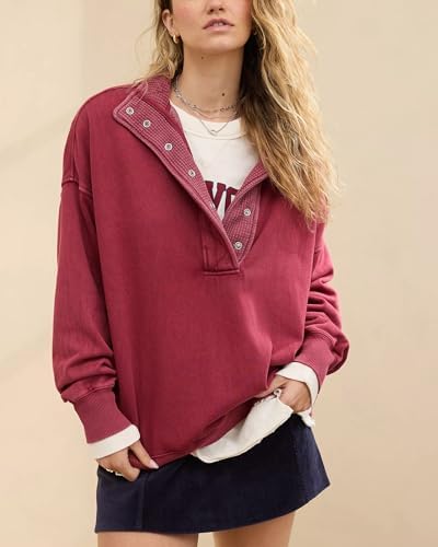Oversized Henley Neck Sweatshirt - Women's Button Front Casual Pullover Tops - Picture 56 of 88