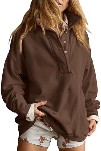 Oversized Henley Neck Sweatshirt - Women's Button Front Casual Pullover Tops - Picture 59 of 88