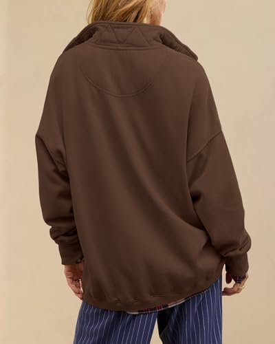 Oversized Henley Neck Sweatshirt - Women's Button Front Casual Pullover Tops - Picture 62 of 88