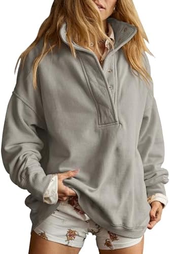 Oversized Henley Neck Sweatshirt - Women's Button Front Casual Pullover Tops - Picture 65 of 88