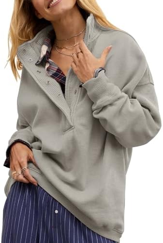 Oversized Henley Neck Sweatshirt - Women's Button Front Casual Pullover Tops - Picture 66 of 88