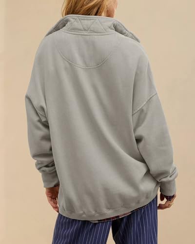 Oversized Henley Neck Sweatshirt - Women's Button Front Casual Pullover Tops - Picture 68 of 88