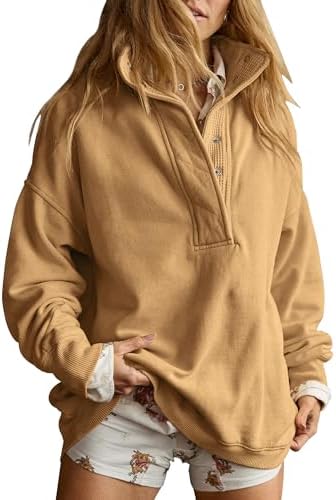 Oversized Henley Neck Sweatshirt - Women's Button Front Casual Pullover Tops - Picture 71 of 88