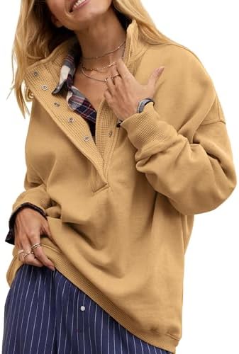 Oversized Henley Neck Sweatshirt - Women's Button Front Casual Pullover Tops - Picture 72 of 88