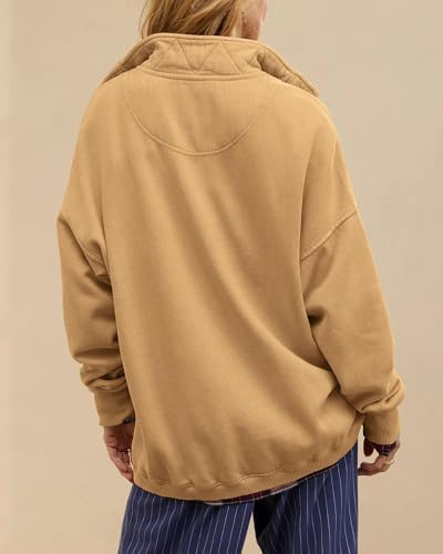 Oversized Henley Neck Sweatshirt - Women's Button Front Casual Pullover Tops - Picture 74 of 88