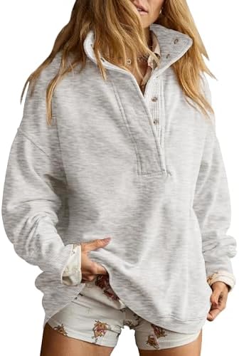 Oversized Henley Neck Sweatshirt - Women's Button Front Casual Pullover Tops - Picture 77 of 88