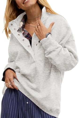 Oversized Henley Neck Sweatshirt - Women's Button Front Casual Pullover Tops - Picture 78 of 88