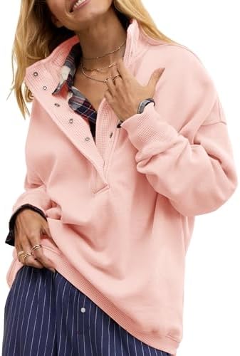 Oversized Henley Neck Sweatshirt - Women's Button Front Casual Pullover Tops - Picture 84 of 88
