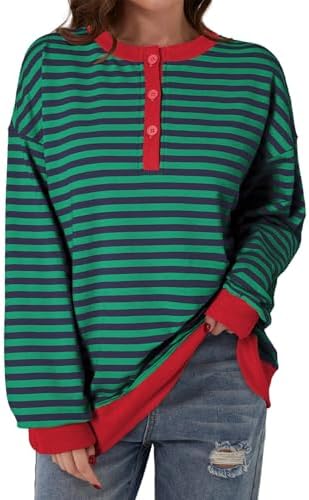 Dokotoo Womens Casual Crewneck Color Block Striped Oversized Sweatshirt Long Sle - Picture 24 of 24
