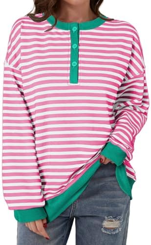 Dokotoo Womens Casual Crewneck Color Block Striped Oversized Sweatshirt Long Sle - Picture 20 of 24