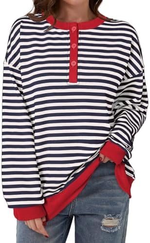 Dokotoo Womens Casual Crewneck Color Block Striped Oversized Sweatshirt Long Sle - Picture 22 of 24