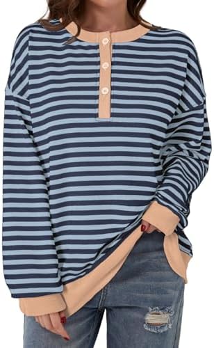 Dokotoo Womens Casual Crewneck Color Block Striped Oversized Sweatshirt Long Sle - Picture 16 of 24
