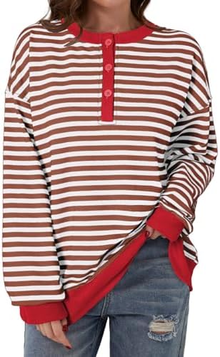 Dokotoo Womens Casual Crewneck Color Block Striped Oversized Sweatshirt Long Sle - Picture 18 of 24