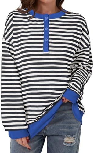 Dokotoo Womens Casual Crewneck Color Block Striped Oversized Sweatshirt Long Sle - Picture 15 of 24