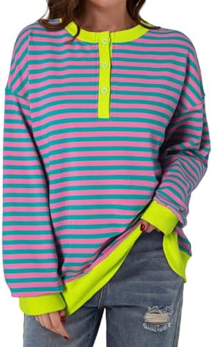 Dokotoo Womens Casual Crewneck Color Block Striped Oversized Sweatshirt Long Sle - Picture 19 of 24