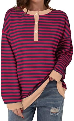 Dokotoo Womens Casual Crewneck Color Block Striped Oversized Sweatshirt Long Sle - Picture 21 of 24