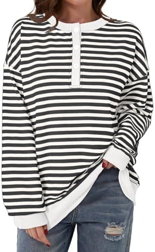 Dokotoo Womens Casual Crewneck Color Block Striped Oversized Sweatshirt Long Sle - Picture 23 of 24