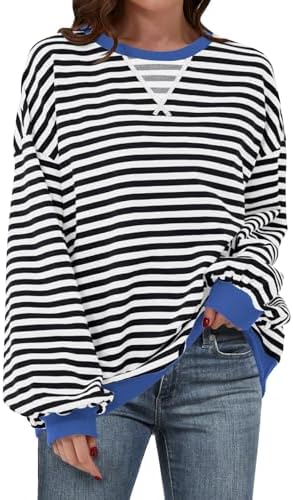 Women's Striped Oversized Crewneck Sweatshirt - Long Sleeve Pullover Trendy Top - Picture 20 of 155