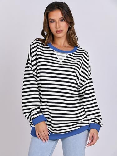 Women's Striped Oversized Crewneck Sweatshirt - Long Sleeve Pullover Trendy Top - Picture 21 of 155