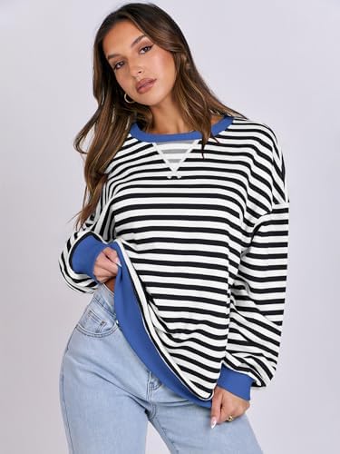 Women's Striped Oversized Crewneck Sweatshirt - Long Sleeve Pullover Trendy Top - Picture 22 of 155