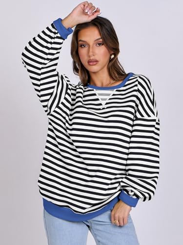 Women's Striped Oversized Crewneck Sweatshirt - Long Sleeve Pullover Trendy Top - Picture 23 of 155