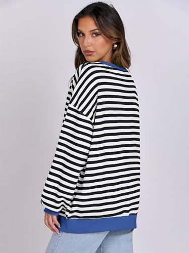 Women's Striped Oversized Crewneck Sweatshirt - Long Sleeve Pullover Trendy Top - Picture 24 of 155