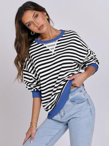 Women's Striped Oversized Crewneck Sweatshirt - Long Sleeve Pullover Trendy Top - Picture 25 of 155