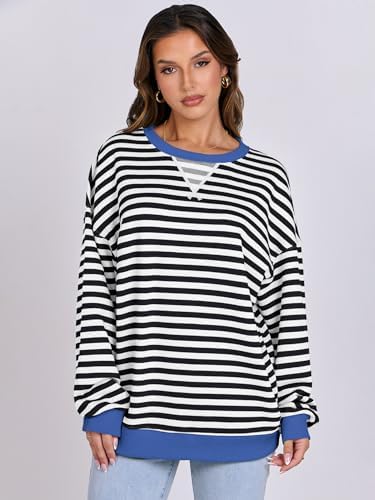Women's Striped Oversized Crewneck Sweatshirt - Long Sleeve Pullover Trendy Top - Picture 26 of 155