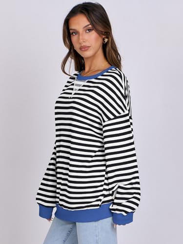 Women's Striped Oversized Crewneck Sweatshirt - Long Sleeve Pullover Trendy Top - Picture 27 of 155