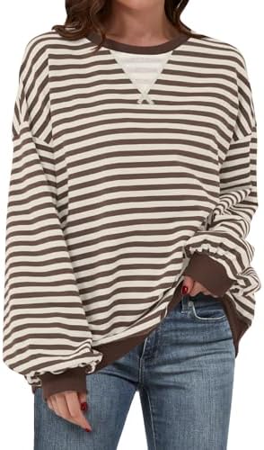 Women's Striped Oversized Crewneck Sweatshirt - Long Sleeve Pullover Trendy Top - Picture 28 of 155