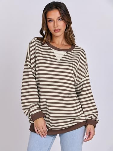 Women's Striped Oversized Crewneck Sweatshirt - Long Sleeve Pullover Trendy Top - Picture 29 of 155