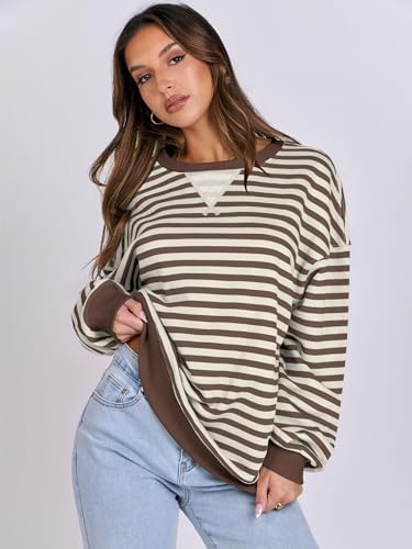 Women's Striped Oversized Crewneck Sweatshirt - Long Sleeve Pullover Trendy Top - Picture 30 of 155