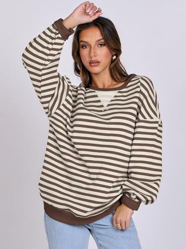 Women's Striped Oversized Crewneck Sweatshirt - Long Sleeve Pullover Trendy Top - Picture 31 of 155