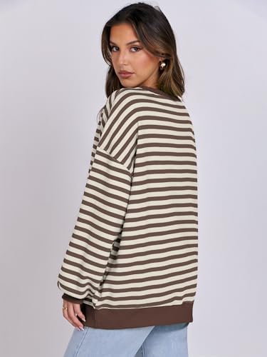 Women's Striped Oversized Crewneck Sweatshirt - Long Sleeve Pullover Trendy Top - Picture 32 of 155