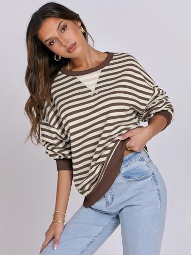 Women's Striped Oversized Crewneck Sweatshirt - Long Sleeve Pullover Trendy Top - Picture 33 of 155