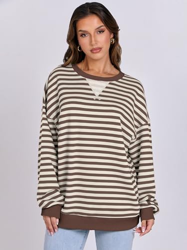 Women's Striped Oversized Crewneck Sweatshirt - Long Sleeve Pullover Trendy Top - Picture 34 of 155