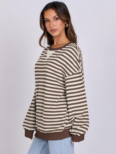 Women's Striped Oversized Crewneck Sweatshirt - Long Sleeve Pullover Trendy Top - Picture 35 of 155