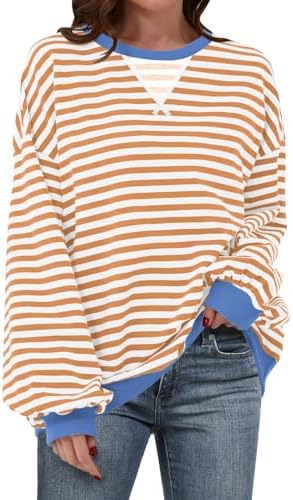 Women's Striped Oversized Crewneck Sweatshirt - Long Sleeve Pullover Trendy Top - Picture 36 of 155