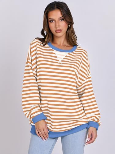 Women's Striped Oversized Crewneck Sweatshirt - Long Sleeve Pullover Trendy Top - Picture 37 of 155