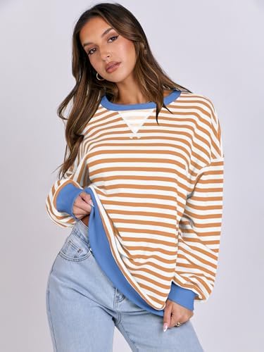 Women's Striped Oversized Crewneck Sweatshirt - Long Sleeve Pullover Trendy Top - Picture 38 of 155